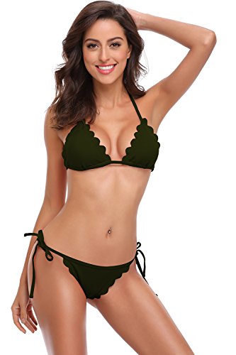 SHEKINI Mujer Triángulo Relleno Bikini Set Lazada Traje de baño Halterneck Bañador Encaje de Dos Piezas Conjunto (Medium, Verde)