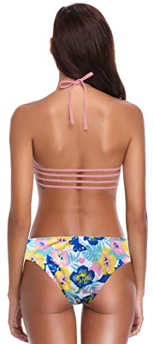 SHEKINI Mujeres Bikini Push Up Relleno Relleno Strappy Halter bañador de Dos Piezas Trajes de baño (S, Rosado-2)