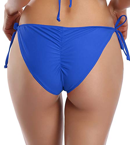 SHEKINI Mujeres Clásico Ruched Ajustable Ambos Lados Ties-up Cintura Baja Parte Inferior del Bikini （XS,Fondo-Azul Real）