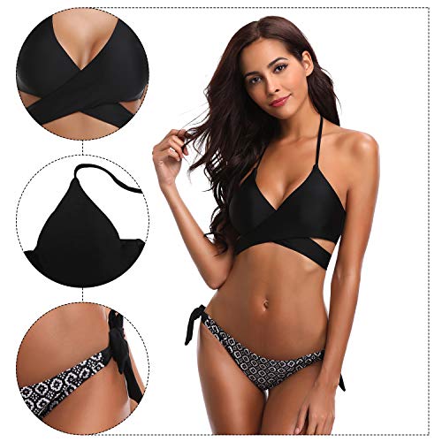 SHEKINI Mujeres Front Cross Bandage Bikini Floral impresión Inferior Traje de baño (Large, Negro B)