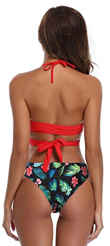 SHEKINI Mujeres Front Cross Bandage Bikini Floral impresión Inferior Traje de baño (Large, Rojo-B)