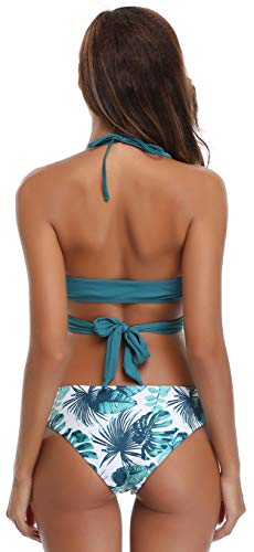 SHEKINI Mujeres Front Cross Bandage Bikini Floral impresión Inferior Traje de baño (Medium, Verde Profundo)
