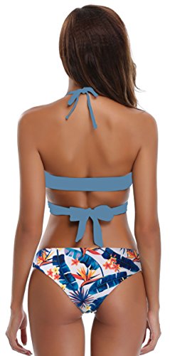 SHEKINI Mujeres Front Cross Bandage Bikini Floral impresión Inferior Traje de baño (Small, Fairy Blau)