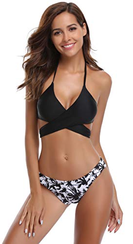 SHEKINI Mujeres Front Cross Bandage Bikini Floral impresión Inferior Traje de baño (X-Small, Negro)