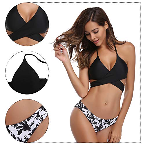 SHEKINI Mujeres Front Cross Bandage Bikini Floral impresión Inferior Traje de baño (X-Small, Negro)