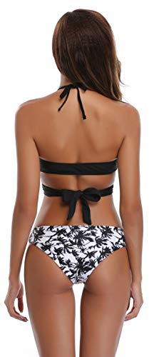 SHEKINI Mujeres Front Cross Bandage Bikini Floral impresión Inferior Traje de baño (X-Small, Negro)