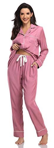 SHEKINI Pijamas Mujer 2 Piezas Conjunto de Tops y Pantalones Pijamas Botones Casual con Bolsillo Delantero(Fucsia,L)