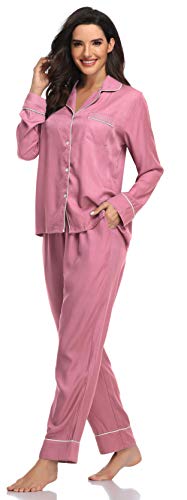 SHEKINI Pijamas Mujer 2 Piezas Conjunto de Tops y Pantalones Pijamas Botones Casual con Bolsillo Delantero(Fucsia,L)