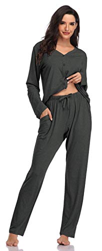 SHEKINI Pijamas Mujer Modal 2 Piezas Pijama Manga Larga Pantalones Suaves y Cómodos(Gris Oscuro,XL)