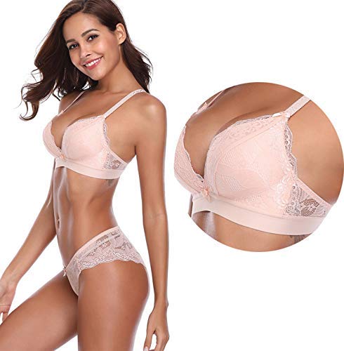 SHEKINI Ropa Interior Profunda con Cuello en V con Sujetador Acolchado y Bragas con Recorte de Encaje Ropa Interior Diaria para Damas Conjuntos de lencería(Beige,X-Large)
