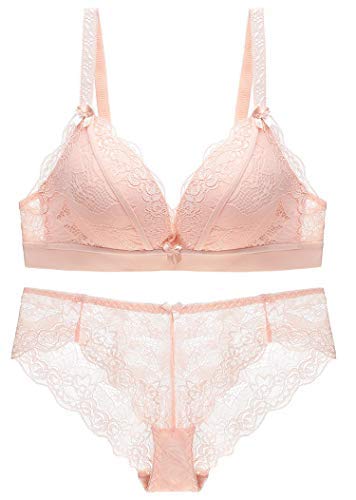 SHEKINI Ropa Interior Profunda con Cuello en V con Sujetador Acolchado y Bragas con Recorte de Encaje Ropa Interior Diaria para Damas Conjuntos de lencería(Beige,X-Large)
