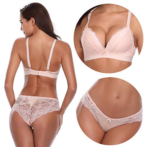 SHEKINI Ropa Interior Profunda con Cuello en V con Sujetador Acolchado y Bragas con Recorte de Encaje Ropa Interior Diaria para Damas Conjuntos de lencería(Beige,X-Large)