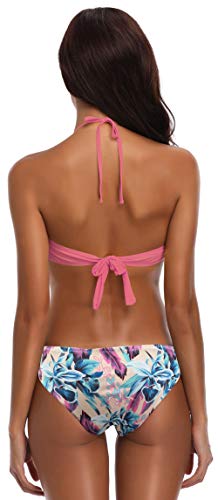 SHEKINI Traje de Baño de Dos Piezas Bikini Set Traje de Baño Floral Sexy Halter Bikini (L, Sandía Roja)