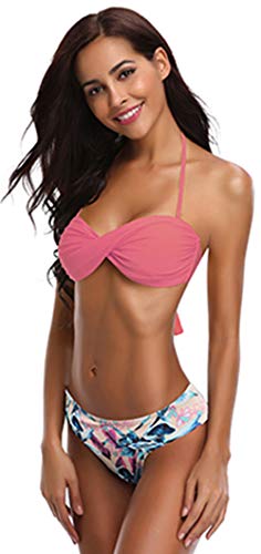 SHEKINI Traje de Baño de Dos Piezas Bikini Set Traje de Baño Floral Sexy Halter Bikini (L, Sandía Roja)