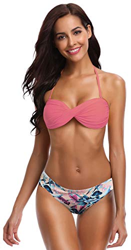 SHEKINI Traje de Baño de Dos Piezas Bikini Set Traje de Baño Floral Sexy Halter Bikini (L, Sandía Roja)