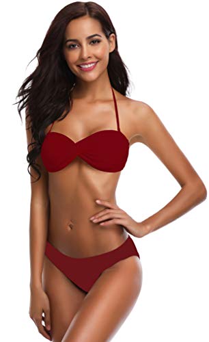 SHEKINI Traje de Baño de Dos Piezas Bikini Set Traje de Baño Floral Sexy Halter Bikini (M, Vino-S)