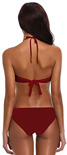 SHEKINI Traje de Baño de Dos Piezas Bikini Set Traje de Baño Floral Sexy Halter Bikini (M, Vino-S)