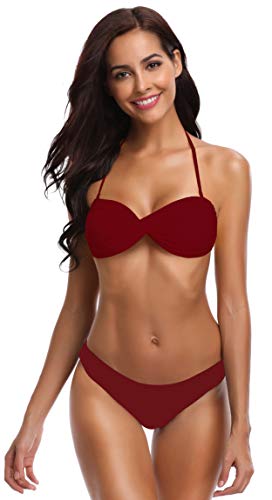 SHEKINI Traje de Baño de Dos Piezas Bikini Set Traje de Baño Floral Sexy Halter Bikini (M, Vino-S)