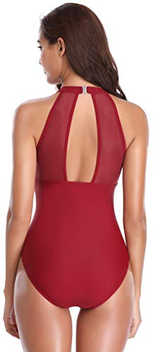 SHEKINI Traje de Baño de Una Pieza Mujer Halter Elegante Trajes de Baños para Mujer Alta Cintura Push Up con Aro （S,Vino-2）