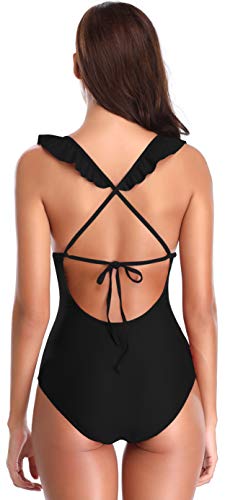 SHEKINI Traje de Baño Mujer Una Pieza Bikini Rizado Atractivo de Mujeres de Baño Push Up Sujetador Acolchado Traje de Una Pieza Mujer (S,Negro)