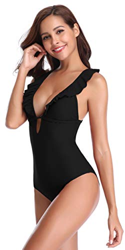 SHEKINI Traje de Baño Mujer Una Pieza Bikini Rizado Atractivo de Mujeres de Baño Push Up Sujetador Acolchado Traje de Una Pieza Mujer (S,Negro)