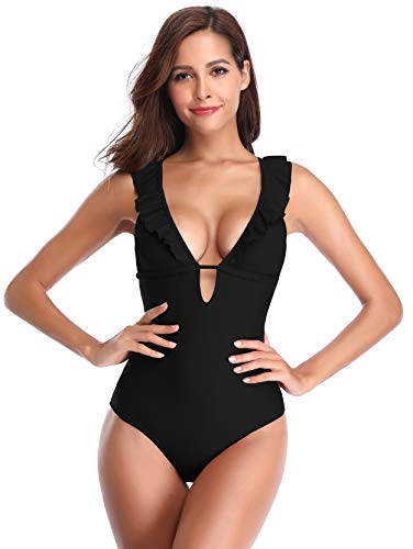SHEKINI Traje de Baño Mujer Una Pieza Bikini Rizado Atractivo de Mujeres de Baño Push Up Sujetador Acolchado Traje de Una Pieza Mujer (S,Negro)