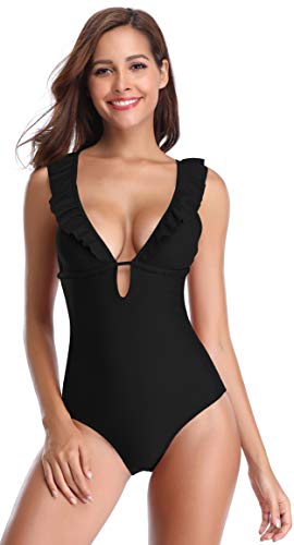 SHEKINI Traje de Baño Mujer Una Pieza Bikini Rizado Atractivo de Mujeres de Baño Push Up Sujetador Acolchado Traje de Una Pieza Mujer (S,Negro)