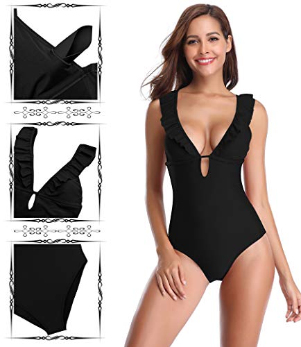 SHEKINI Traje de Baño Mujer Una Pieza Bikini Rizado Atractivo de Mujeres de Baño Push Up Sujetador Acolchado Traje de Una Pieza Mujer (S,Negro)