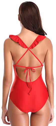 SHEKINI Traje de Baño Mujer Una Pieza Bikini Rizado Atractivo de Mujeres de Baño Push Up Sujetador Acolchado Traje de Una Pieza Mujer (S,Rojo)
