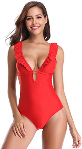SHEKINI Traje de Baño Mujer Una Pieza Bikini Rizado Atractivo de Mujeres de Baño Push Up Sujetador Acolchado Traje de Una Pieza Mujer (S,Rojo)