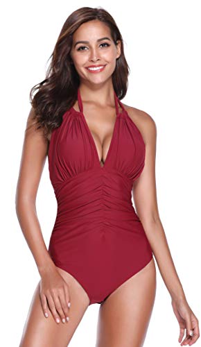 SHEKINI Trajes de baño de una Pieza de Mujer Profundo V Cuello Cordones sin Espalda Trajes de baño Modestos Acanalados de Alto Corte Acanalado (S, Vino-3)