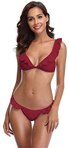 SHEKINI Trenza para Mujer Bañador de Dos Piezas Lindo Bikini para Bandeau (M, Vino)