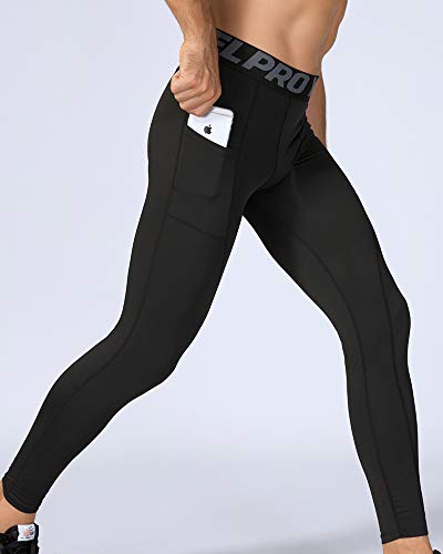 Shengwan Leggings Largos Hombre Mallas de Compresión Secado Rápido Yoga Deportes Pantalones de Correr con Bolsillo Negro XXL