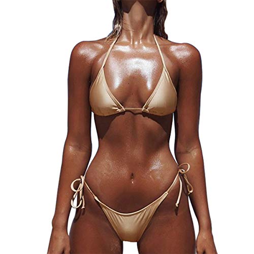 SHERRYLO 10 Solid Color Women's Thong Bikini Set Trajes De Baño De Mujer For S-XL Body (Gold)