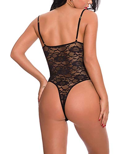 ShinyStar Sexy lencería encaje body mujer lencería espalda libre body suit una pieza lencería ropa de noche con profundo cuello en V Schwarz2 L