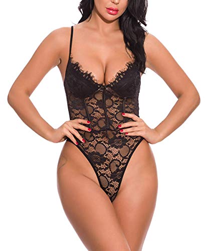 ShinyStar Sexy lencería encaje body mujer lencería espalda libre body suit una pieza lencería ropa de noche con profundo cuello en V Schwarz2 L