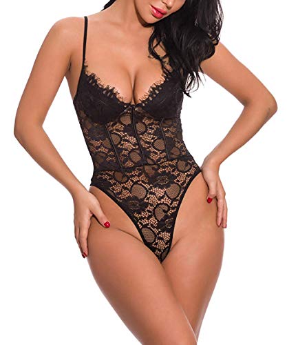 ShinyStar Sexy lencería encaje body mujer lencería espalda libre body suit una pieza lencería ropa de noche con profundo cuello en V Schwarz2 S