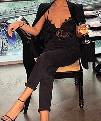 ShinyStar Sexy lencería encaje body mujer lencería espalda libre body suit una pieza lencería ropa de noche con profundo cuello en V Schwarz2 S