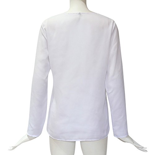 SHOBDW Camisa de Cuello en v Gasa sólida de Las Mujeres Camisa de Trabajo de Las señoras de la Oficina Blusa Tops de Manga Larga de otoño Invierno(Blanco,S)