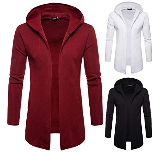 SHOBDW Hombres Sudadera con Capucha Sólido Casual Gabardinas Chaqueta Zip Largo Cardigan Otoño Invierno Tallas Grandes Camisetas de Manga Larga Outwear de Gran tamaño Moda Blusa(Vino Rojo,2XL)