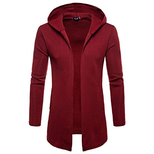 SHOBDW Hombres Sudadera con Capucha Sólido Casual Gabardinas Chaqueta Zip Largo Cardigan Otoño Invierno Tallas Grandes Camisetas de Manga Larga Outwear de Gran tamaño Moda Blusa(Vino Rojo,2XL)