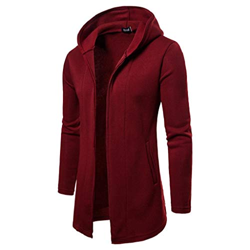 SHOBDW Hombres Sudadera con Capucha Sólido Casual Gabardinas Chaqueta Zip Largo Cardigan Otoño Invierno Tallas Grandes Camisetas de Manga Larga Outwear de Gran tamaño Moda Blusa(Vino Rojo,2XL)