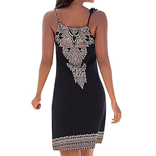 SHOBDW Las Mujeres del Verano de la Manera del Halter Cuello Boho Sexy Imprimir sin Mangas Casual Mini Vestido de Beachwear Vestido de Tirantes(L,A-Negro)