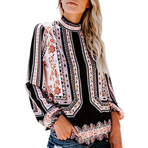 SHOBDW LiquidacióN De Ventas Moda SeñOras Formales De La Oficina Mujer De ImpresióN Gasa Collar del Soporte Camisa Retro Blusa OtoñO Invierno De Manga Larga Tops (Negro,L)