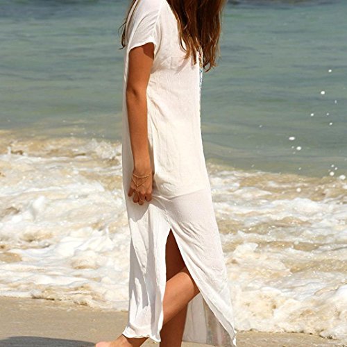 SHOBDW Moda Mujer Verano o-Cuello Playa Traje de baño Bordado Cubrir Manga Corta Vestido Largo y Recto (Free Size, Blanco)