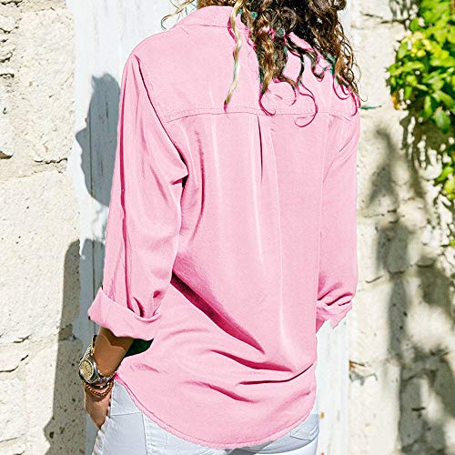 SHOBDW Moda para Mujer Casual Cuello con Solapa Camiseta Oficina Señoras Camisa botón sólido Hebilla Blusa otoño Invierno Tops de Manga Larga (Rosa,S)