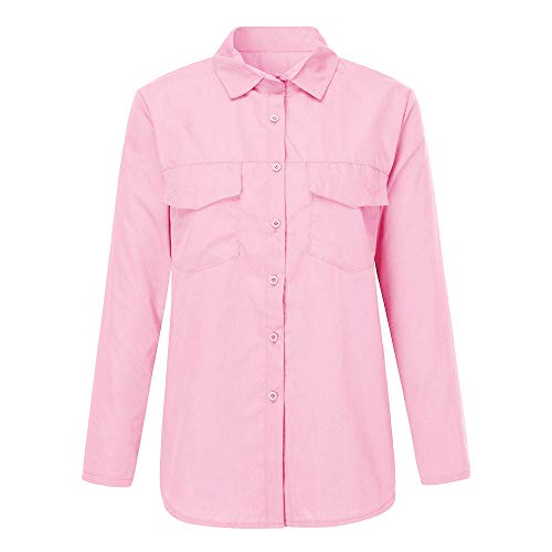 SHOBDW Moda para Mujer Casual Cuello con Solapa Camiseta Oficina Señoras Camisa botón sólido Hebilla Blusa otoño Invierno Tops de Manga Larga (Rosa,S)