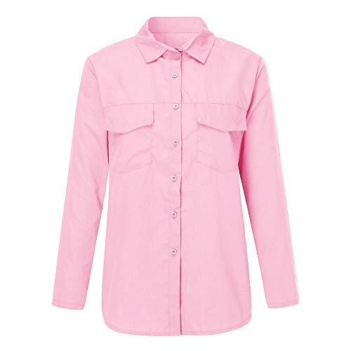SHOBDW Moda para Mujer Casual Cuello con Solapa Camiseta Oficina Señoras Camisa botón sólido Hebilla Blusa otoño Invierno Tops de Manga Larga (Rosa,S)