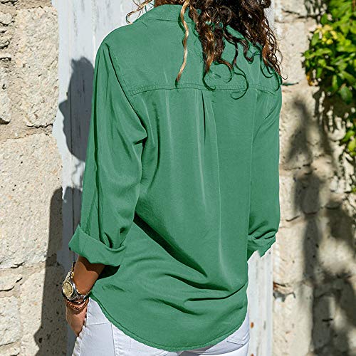 SHOBDW Moda para Mujer Casual Cuello con Solapa Camiseta Oficina Señoras Camisa botón sólido Hebilla Blusa otoño Invierno Tops de Manga Larga (Verde,M)