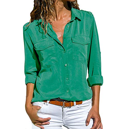 SHOBDW Moda para Mujer Casual Cuello con Solapa Camiseta Oficina Señoras Camisa botón sólido Hebilla Blusa otoño Invierno Tops de Manga Larga (Verde,M)
